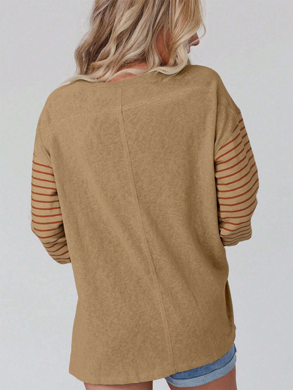 New pullover round neck casual striped color collision long sleeve t-shirt – detail view