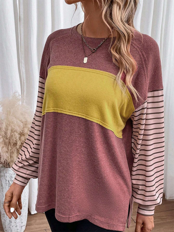 New pullover round neck casual striped color collision long sleeve t-shirt – detail view