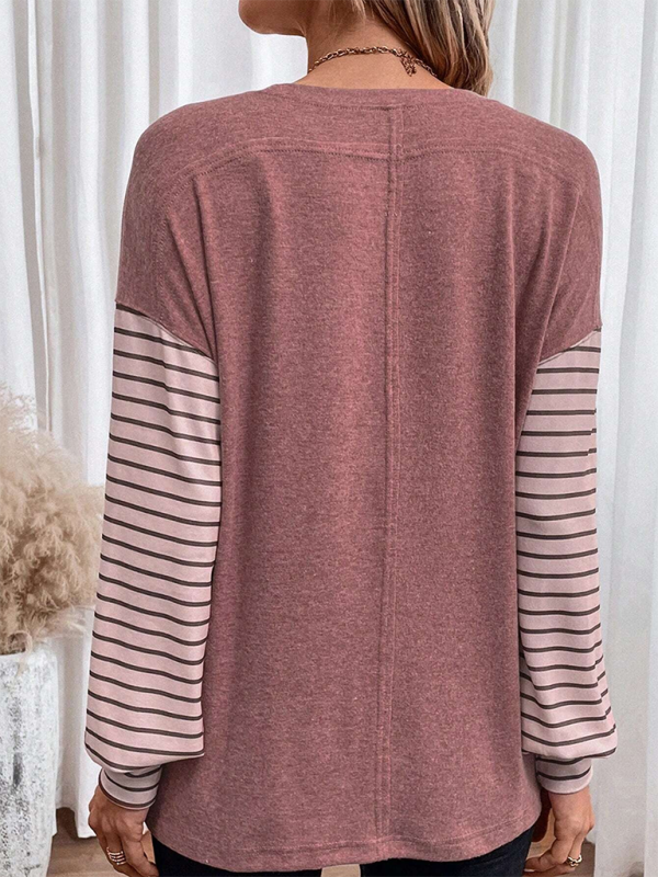 New pullover round neck casual striped color collision long sleeve t-shirt – lifestyle view