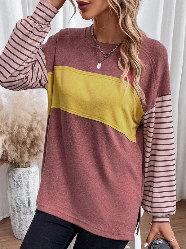 Women's striped long sleeve pullover sweatshirt detail