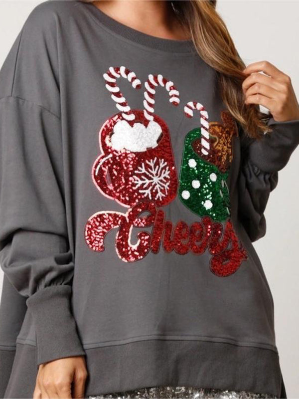 Sweat-shirt à paillettes avec motif de tasses de bonbons de Noël 