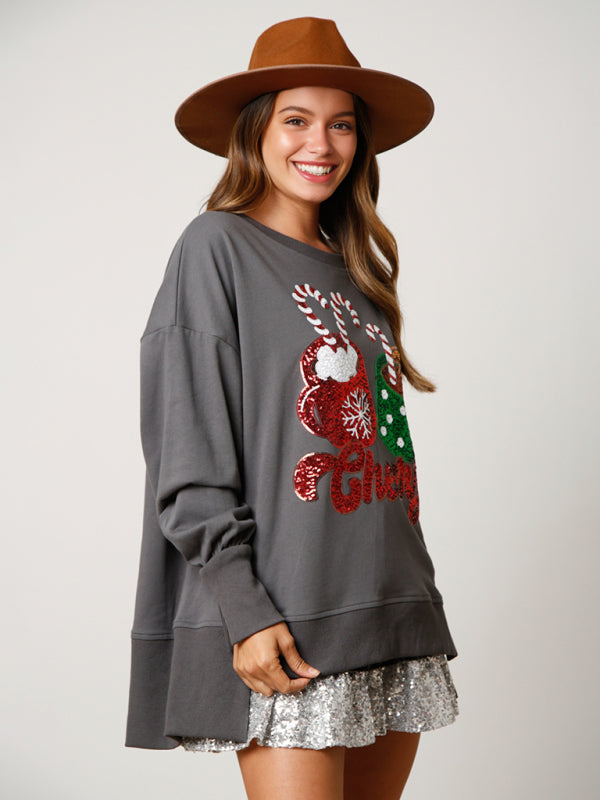 Sweat-shirt à paillettes avec motif de tasses de bonbons de Noël 