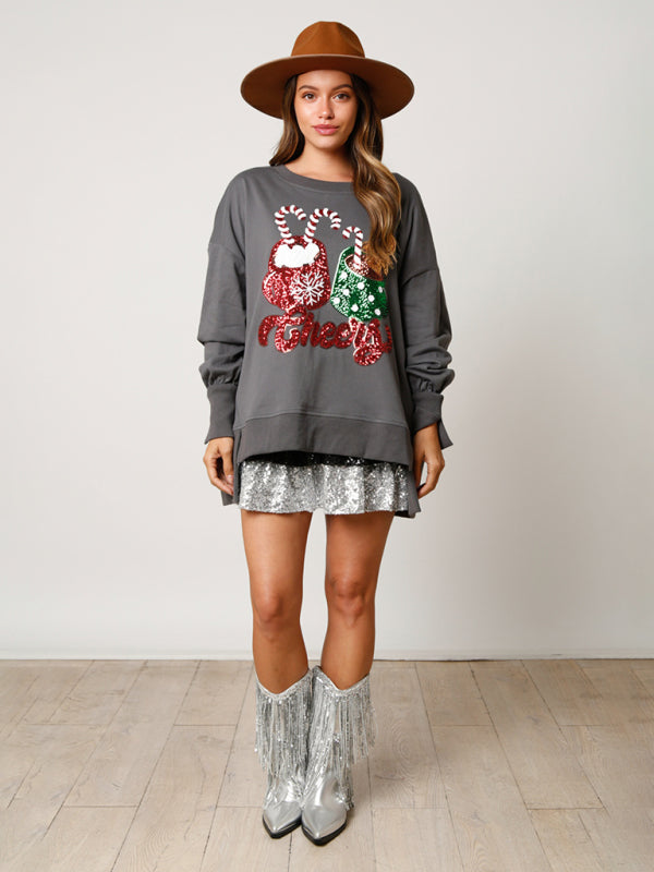 Sweat-shirt à paillettes avec motif de tasses de bonbons de Noël 