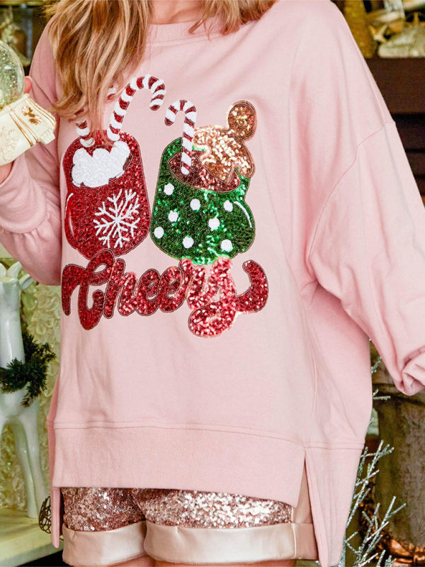 Sweat-shirt à paillettes avec motif de tasses de bonbons de Noël 