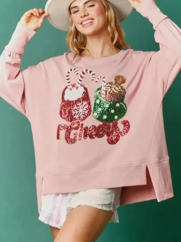 Sweat-shirt à paillettes avec motif de tasses de bonbons de Noël 