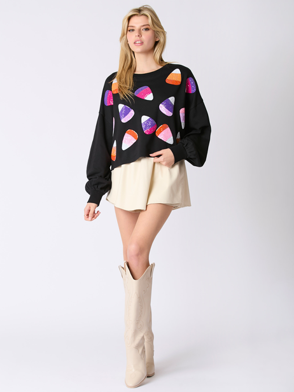 Halloween-Süßigkeiten-Pailletten-Langarm-Freizeitpullover 