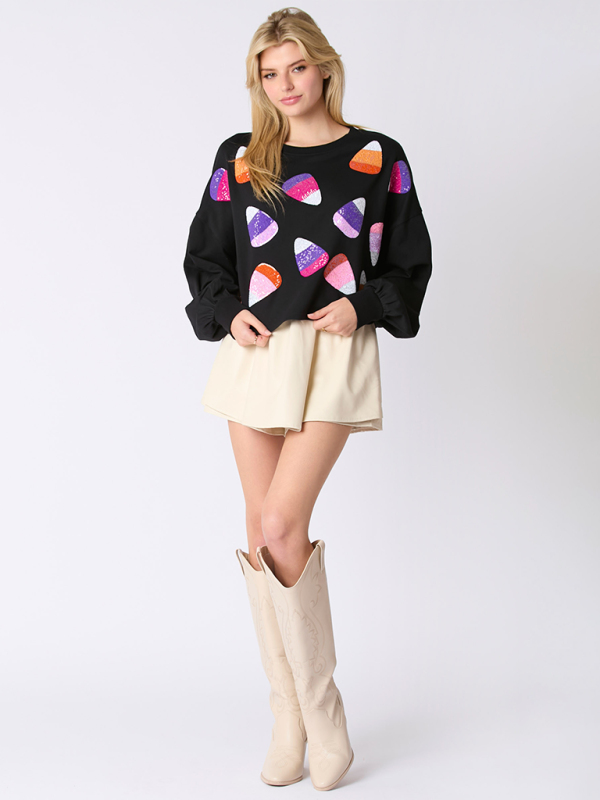 Halloween-Süßigkeiten-Pailletten-Langarm-Freizeitpullover 