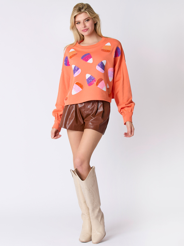Halloween-Süßigkeiten-Pailletten-Langarm-Freizeitpullover 