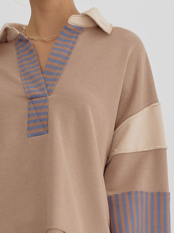 Women's Sweatshirt OversizedPolo Neck Striped Colorblocking Top – side view