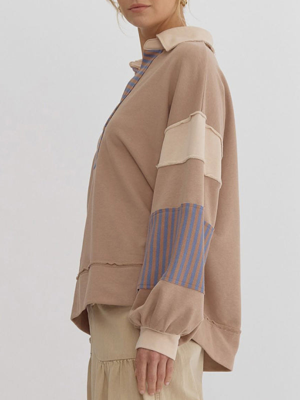 Women's Sweatshirt OversizedPolo Neck Striped Colorblocking Top – back view