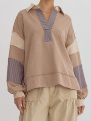Women's Sweatshirt OversizedPolo Neck Striped Colorblocking Top – front view