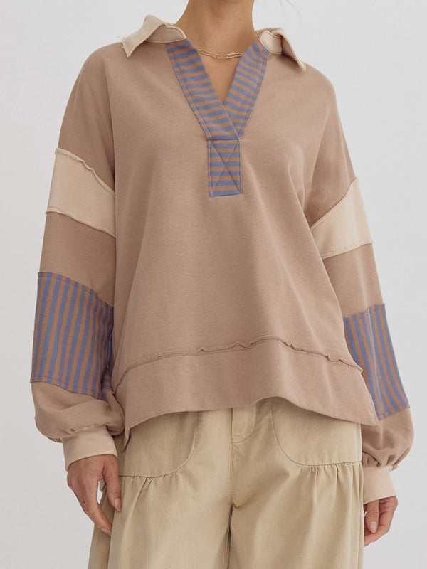 Women's Sweatshirt OversizedPolo Neck Striped Colorblocking Top – front view