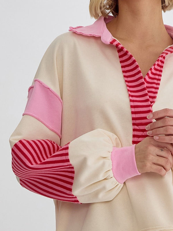 Sweat-shirt oversize à col polo rayé et colorblock pour femme 