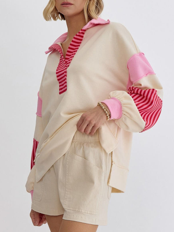 Sweat-shirt oversize à col polo rayé et colorblock pour femme 