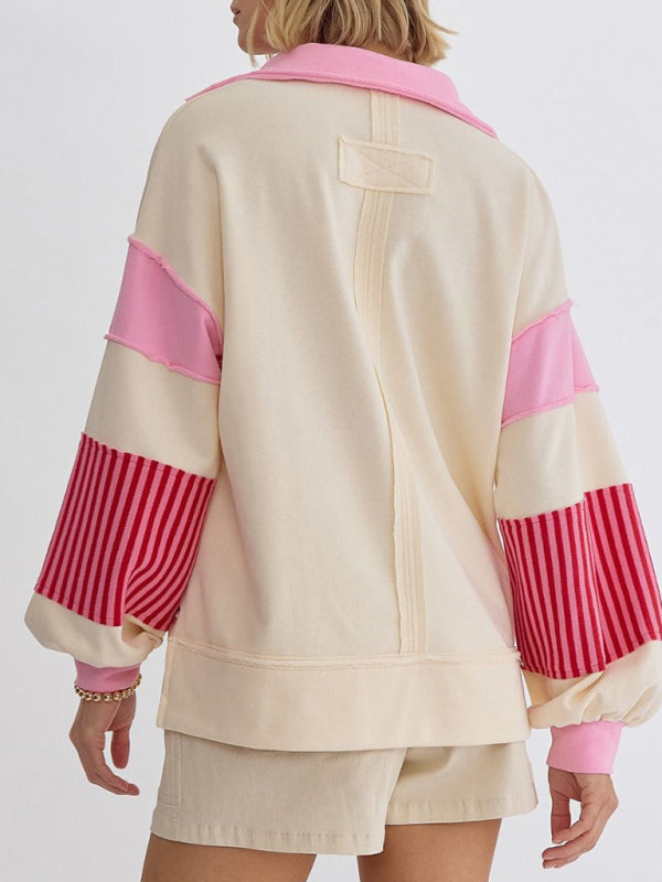 Sweat-shirt oversize à col polo rayé et colorblock pour femme 