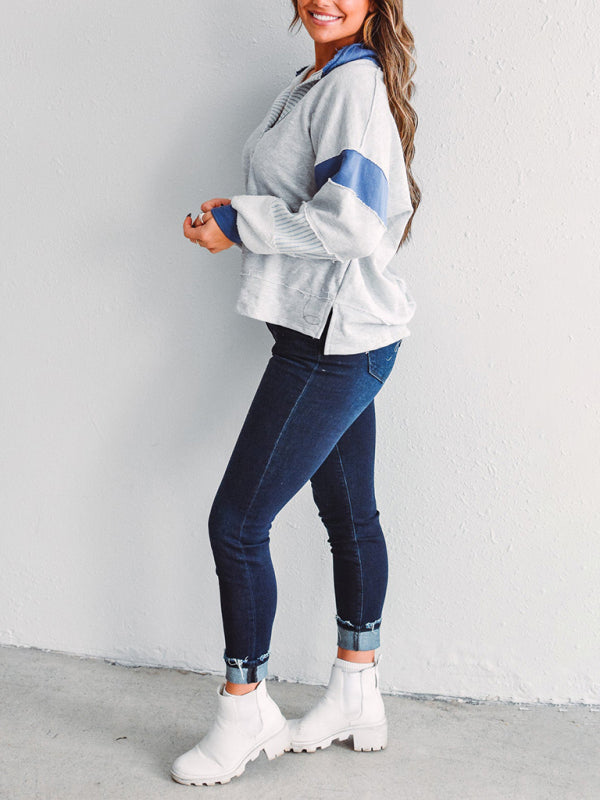Sweat-shirt oversize à col polo rayé et colorblock pour femme 