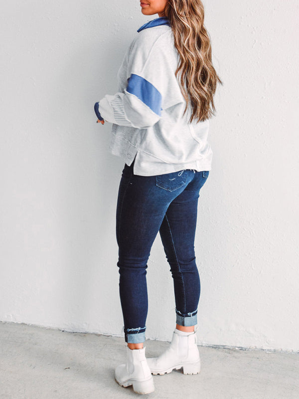 Sweat-shirt oversize à col polo rayé et colorblock pour femme 