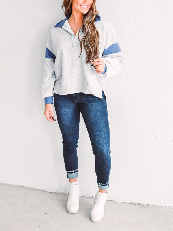 Sweat-shirt oversize à col polo rayé et colorblock pour femme 
