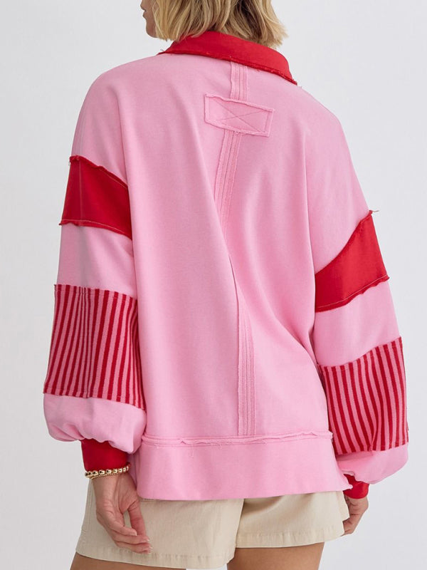 Sweat-shirt oversize à col polo rayé et colorblock pour femme 