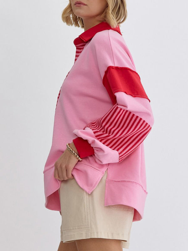 Sweat-shirt oversize à col polo rayé et colorblock pour femme 