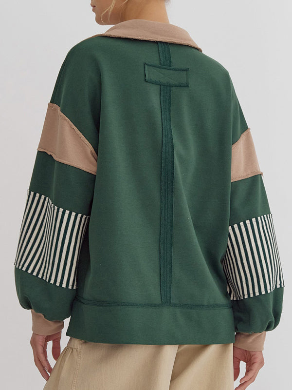 Sweat-shirt oversize à col polo rayé et colorblock pour femme 