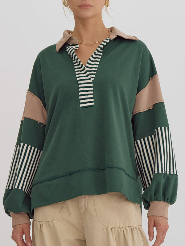 Sweat-shirt oversize à col polo rayé et colorblock pour femme 