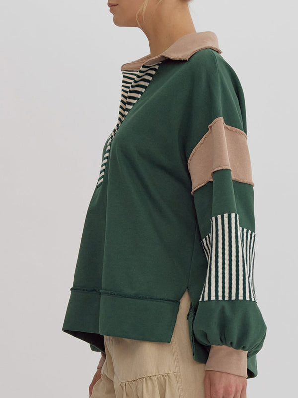 Sweat-shirt oversize à col polo rayé et colorblock pour femme 