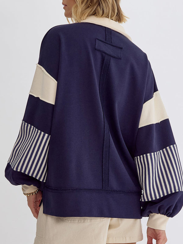 Sweat-shirt oversize à col polo rayé et colorblock pour femme 