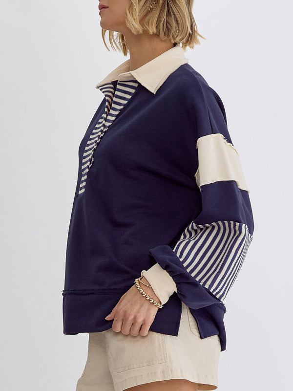 Sweat-shirt oversize à col polo rayé et colorblock pour femme 