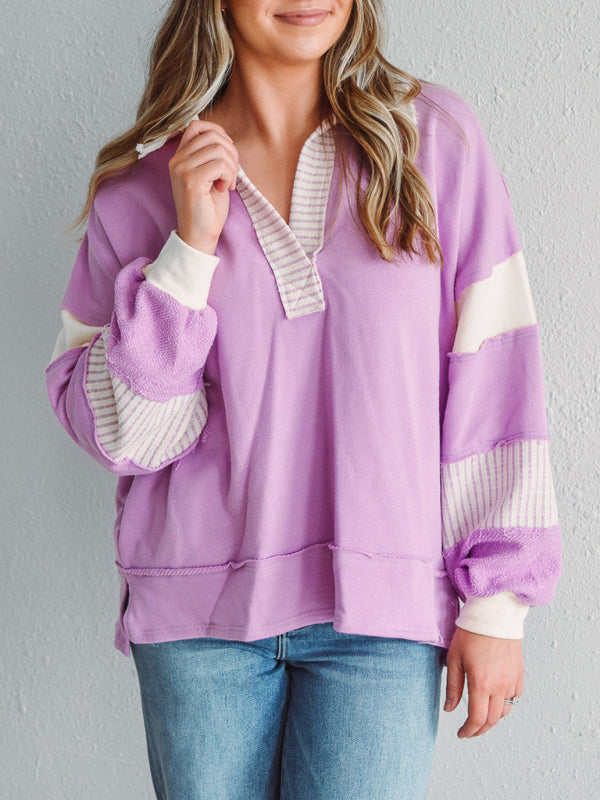 Women's Sweatshirt OversizedPolo Neck Striped Colorblocking Top – close-up