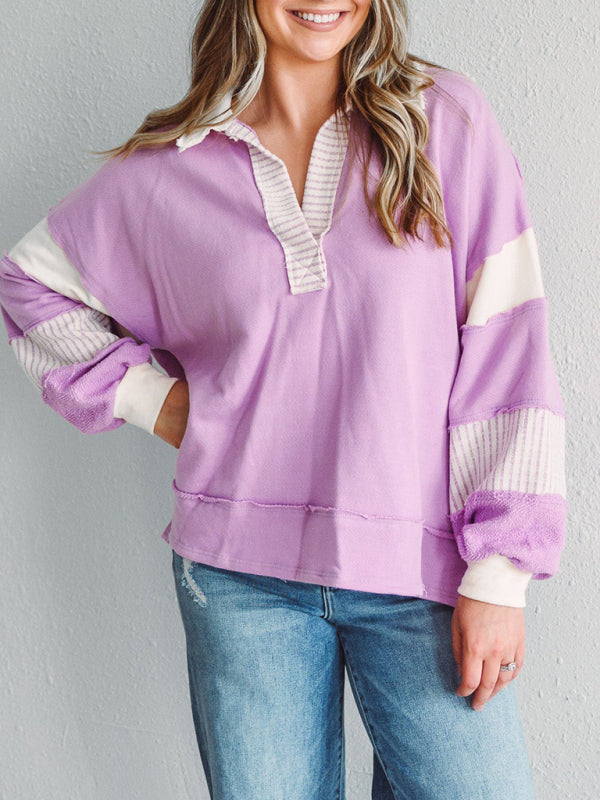 Women's Sweatshirt OversizedPolo Neck Striped Colorblocking Top – outfit view