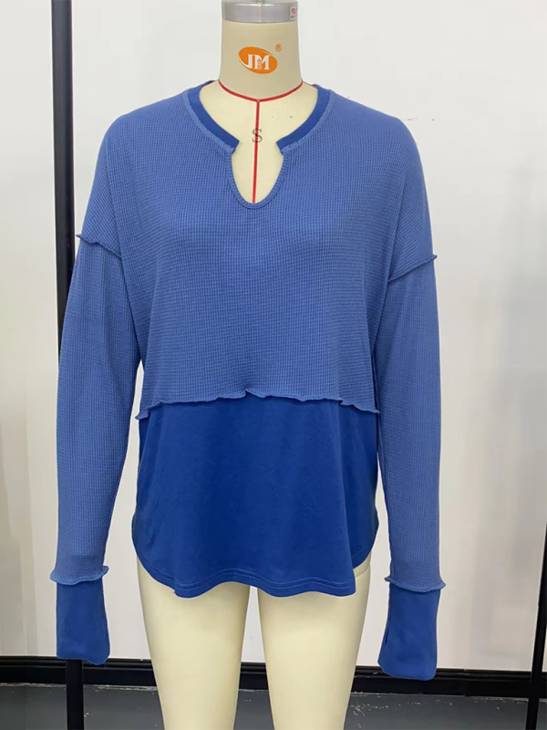 Lässiges Damen-Shirt, einfarbig, langärmelig, Patchwork-Design, locker geschnitten 