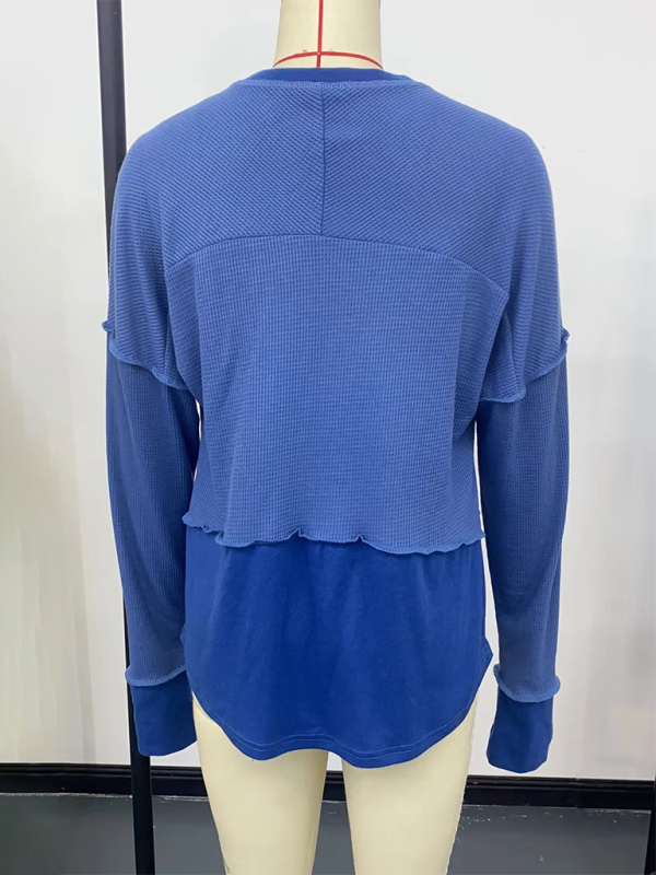 Lässiges Damen-Shirt, einfarbig, langärmelig, Patchwork-Design, locker geschnitten 