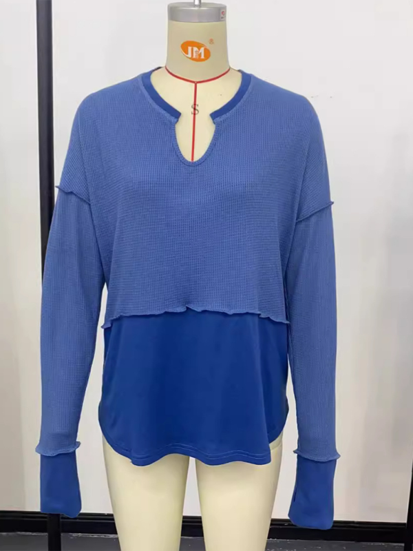 Lässiges Damen-Shirt, einfarbig, langärmelig, Patchwork-Design, locker geschnitten 