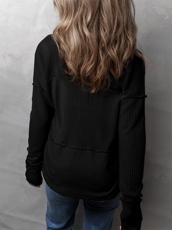 Lässiges Damen-Shirt, einfarbig, langärmelig, Patchwork-Design, locker geschnitten 