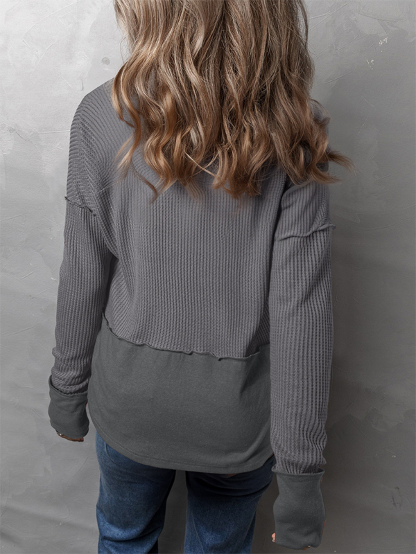 Lässiges Damen-Shirt, einfarbig, langärmelig, Patchwork-Design, locker geschnitten 