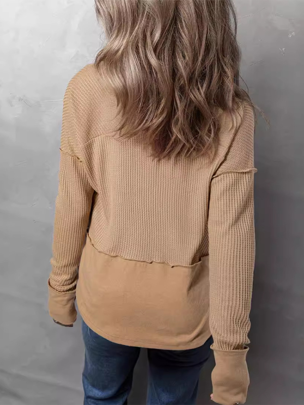 Lässiges Damen-Shirt, einfarbig, langärmelig, Patchwork-Design, locker geschnitten 