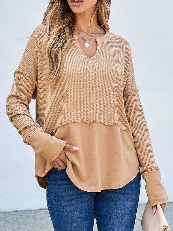 Lässiges Damen-Shirt, einfarbig, langärmelig, Patchwork-Design, locker geschnitten 