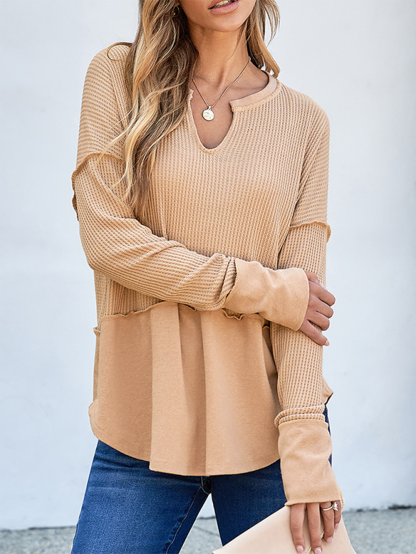 Lässiges Damen-Shirt, einfarbig, langärmelig, Patchwork-Design, locker geschnitten 