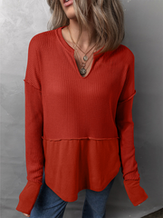 Lässiges Damen-Shirt, einfarbig, langärmelig, Patchwork-Design, locker geschnitten 