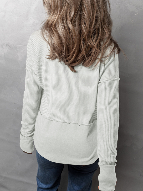 Lässiges Damen-Shirt, einfarbig, langärmelig, Patchwork-Design, locker geschnitten 