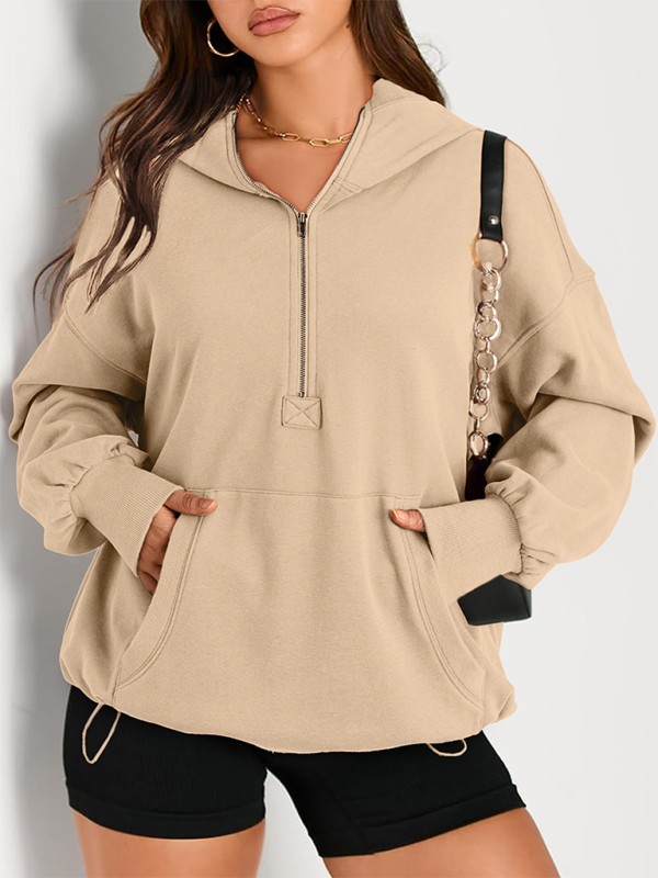 Sweat-shirt à capuche à manches longues pour femme, couleur unie, fermeture éclair 