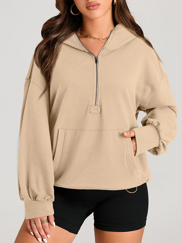 Sweat-shirt à capuche à manches longues pour femme, couleur unie, fermeture éclair 