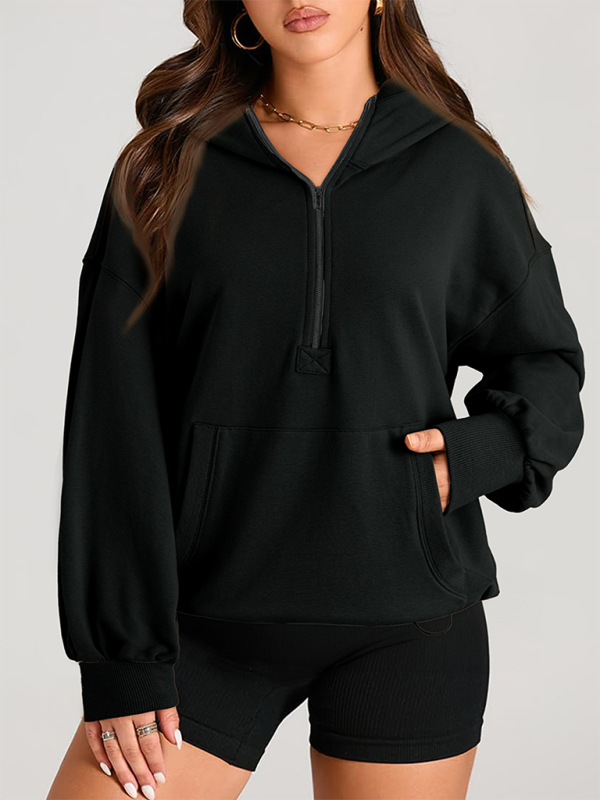 Sweat-shirt à capuche à manches longues pour femme, couleur unie, fermeture éclair 