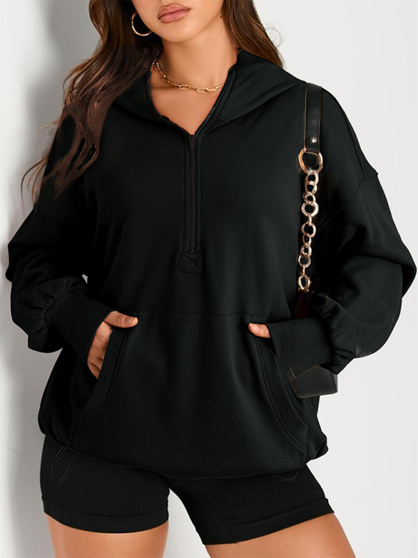 Sweat-shirt à capuche à manches longues pour femme, couleur unie, fermeture éclair 
