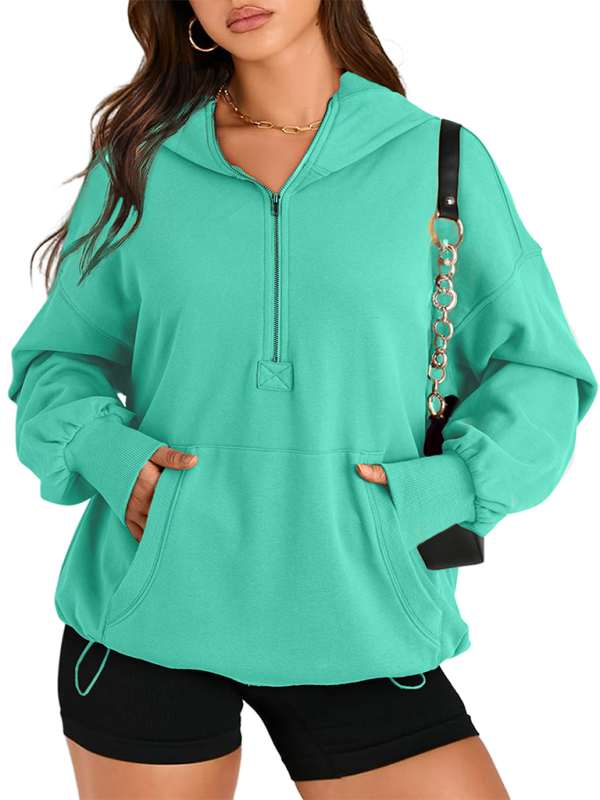 Sweat-shirt à capuche à manches longues pour femme, couleur unie, fermeture éclair 