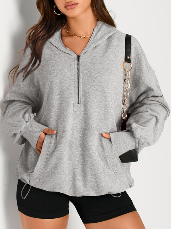Sweat-shirt à capuche à manches longues pour femme, couleur unie, fermeture éclair 