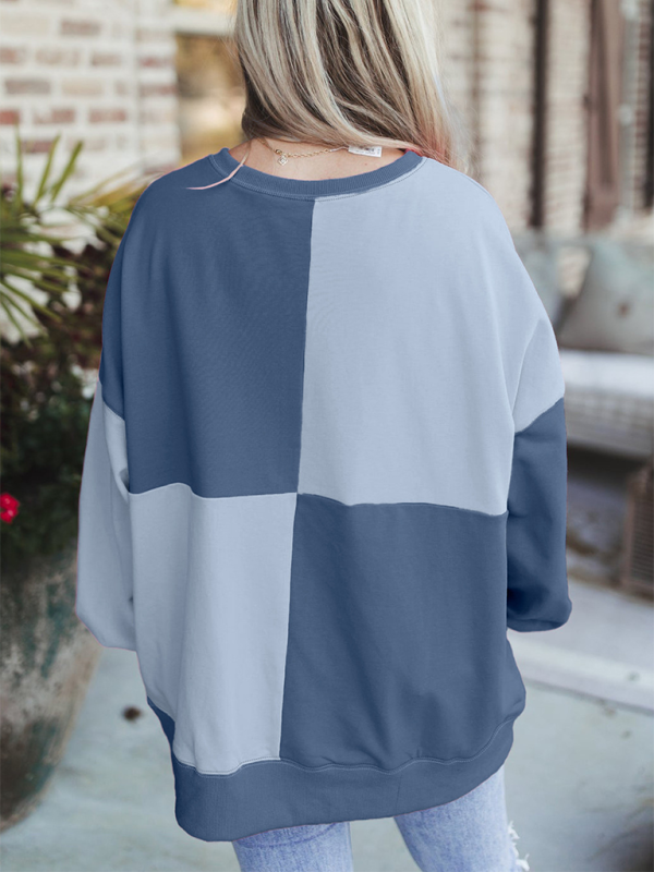 Sweat-shirt décontracté patchwork à blocs de couleur et boutons sur le devant, col à revers longs 