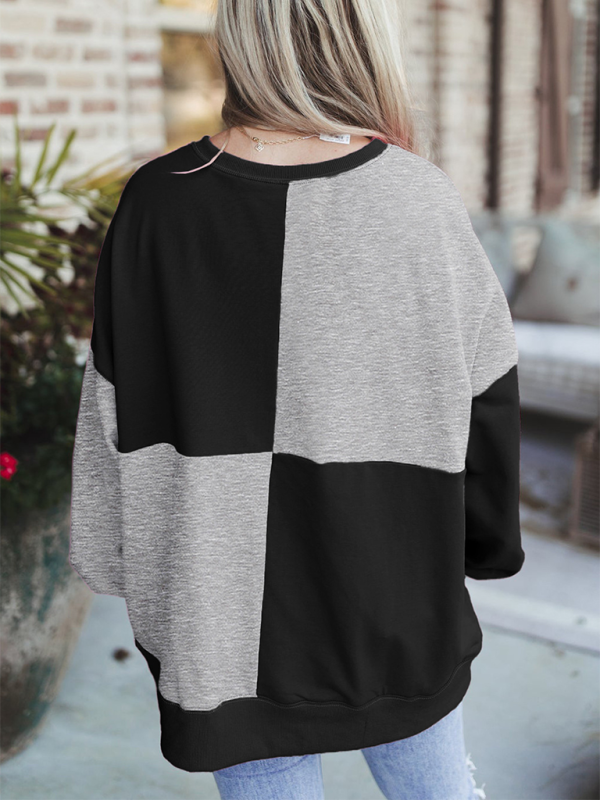 Sweat-shirt décontracté patchwork à blocs de couleur et boutons sur le devant, col à revers longs 