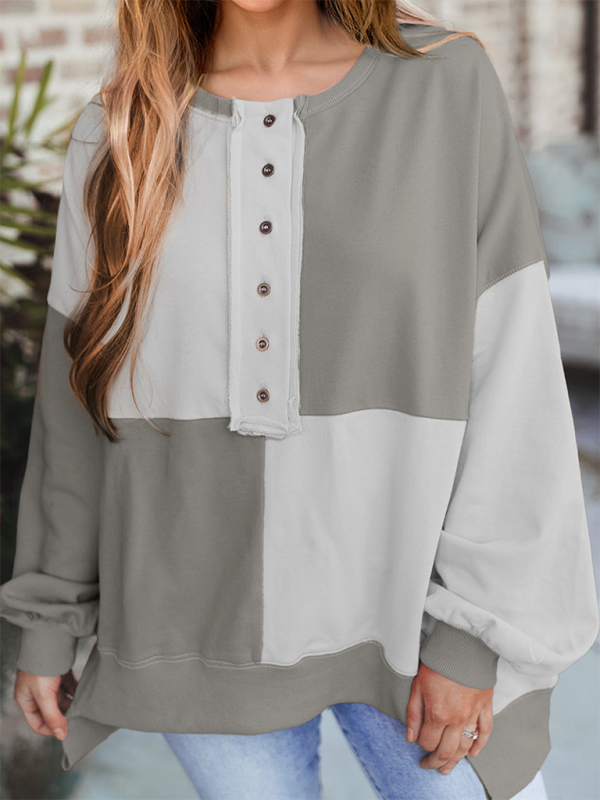 Sweat-shirt décontracté patchwork à blocs de couleur et boutons sur le devant, col à revers longs 